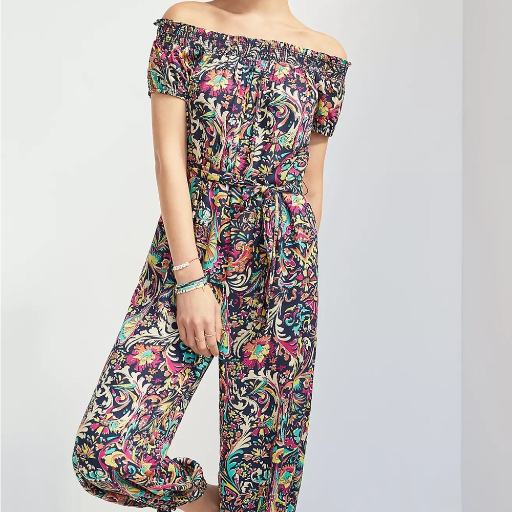 Anthropologie Off-The-Shoulder Floral Jumpsuit